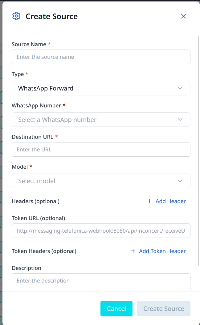Create Source with WhatsApp Forward type selected